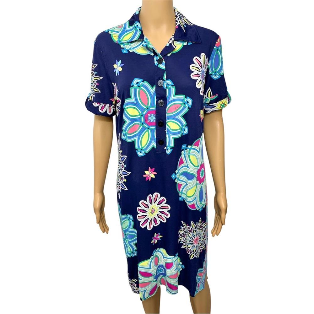 Emilio Pucci Navy Floral Print Knee-Length Midi Dress Front button size 12